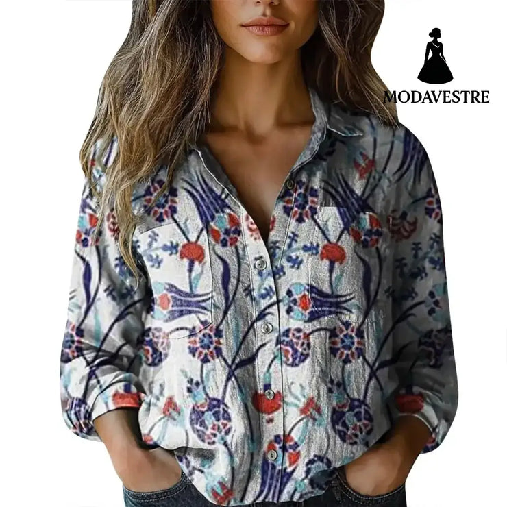 3D Digital Printing Women’s Plus Size Lapel Long Sleeve Shirt ZZS25041503SBU1 / 4XL Shirt