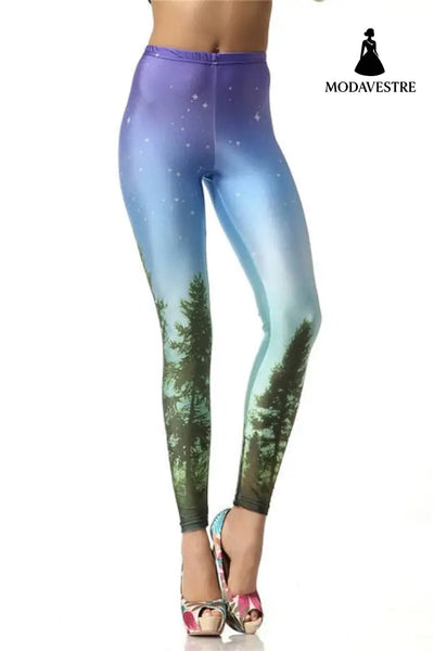 3D Digital Trees Add Galaxy Printed Women Leggings - MODAVESTRE