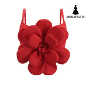 3D Floral Statement Crop Top – Elegant Red Flower Strap Camisole for Women