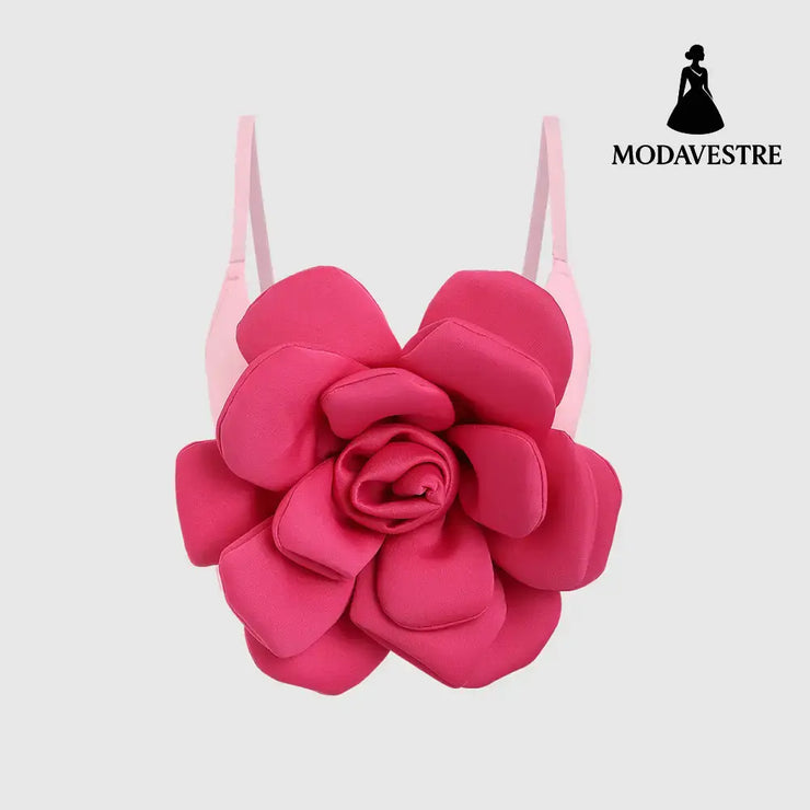 3D Floral Statement Crop Top – Elegant Red Flower Strap Camisole for Women