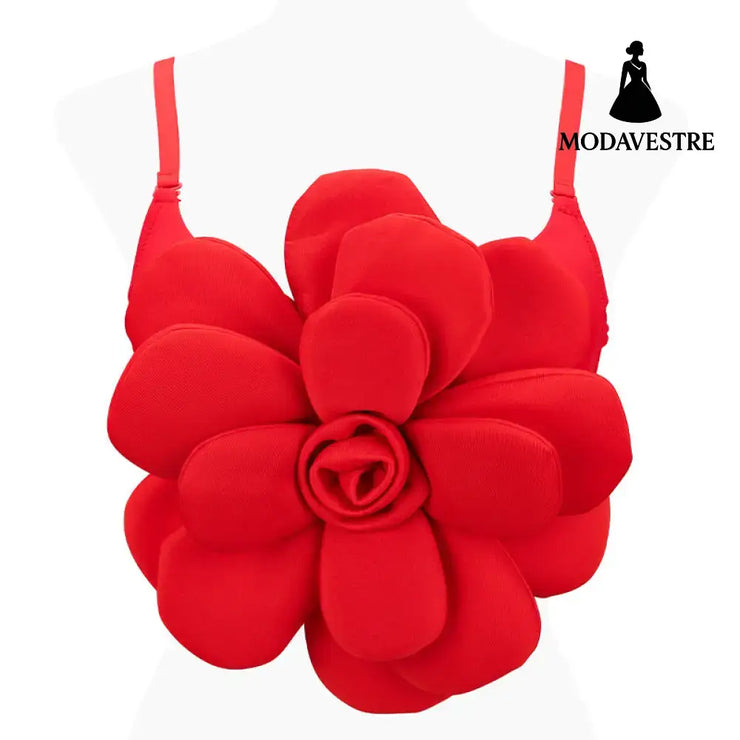 3D Floral Statement Crop Top – Elegant Red Flower Strap Camisole for Women Red / 34B/XS