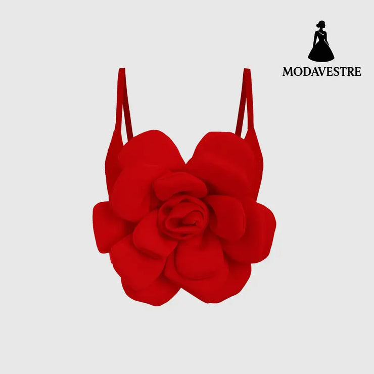 3D Floral Statement Crop Top – Elegant Red Flower Strap Camisole for Women