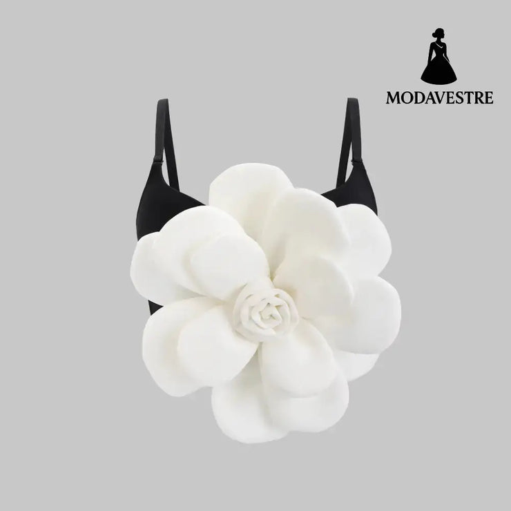 3D Floral Statement Crop Top – Elegant Red Flower Strap Camisole for Women