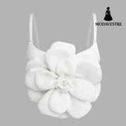 3D Floral Statement Crop Top – Elegant Red Flower Strap Camisole for Women