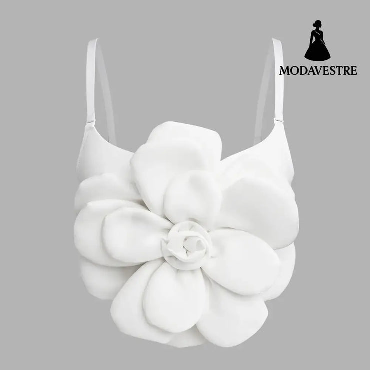 3D Floral Statement Crop Top – Elegant Red Flower Strap Camisole for Women