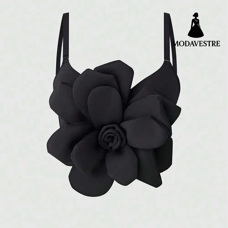 3D Floral Statement Crop Top – Elegant Red Flower Strap Camisole for Women Black / 34B/XS