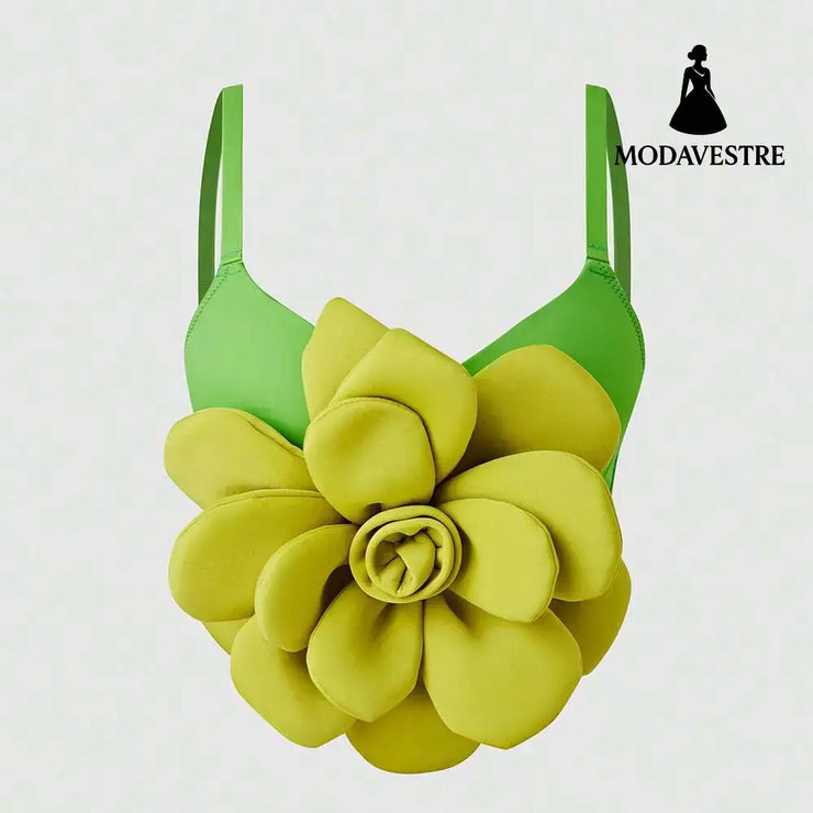 3D Floral Statement Crop Top – Elegant Red Flower Strap Camisole for Women Green / 34B/XS