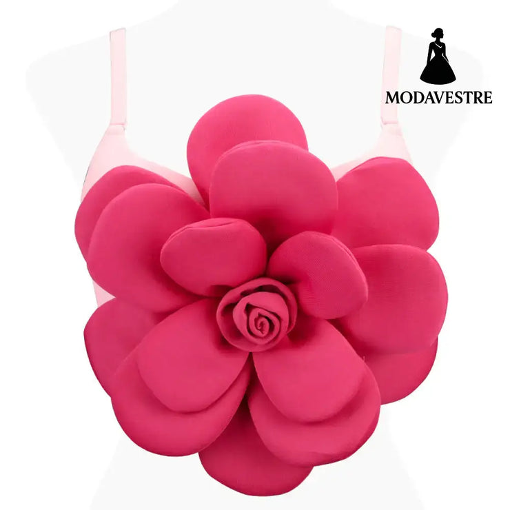 3D Floral Statement Crop Top – Elegant Red Flower Strap Camisole for Women Pink / 34B/XS