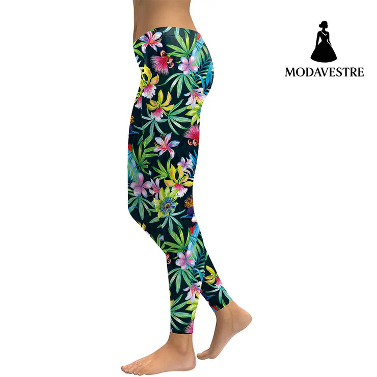 3D Flower Printed Women Leggings Lilies Birds Woman Workout Legging High Wait Elastic Leggins Digital Print Pants - MODAVESTRE