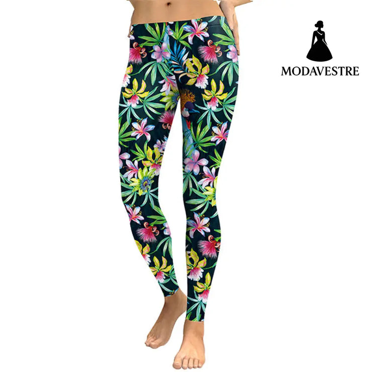 3D Flower Printed Women Leggings Lilies Birds Woman Workout Legging High Wait Elastic Leggins Digital Print Pants - MODAVESTRE