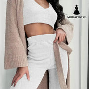 3pcs Womens Clothing Long Sleeve Crop Tank Top And Drawstring Shorts Pajama Set