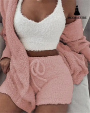 3pcs Womens Clothing Long Sleeve Crop Tank Top And Drawstring Shorts Pajama Set