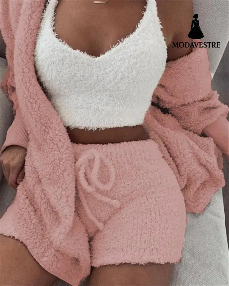 3pcs Womens Clothing Long Sleeve Crop Tank Top And Drawstring Shorts Pajama Set