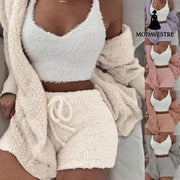 3pcs Womens Clothing Long Sleeve Crop Tank Top And Drawstring Shorts Pajama Set