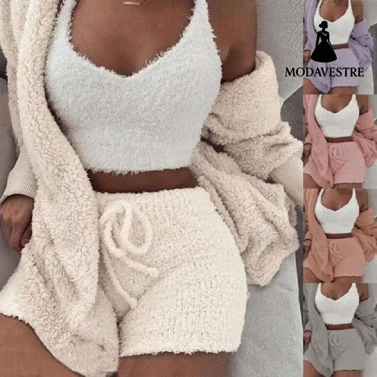 3pcs Womens Clothing Long Sleeve Crop Tank Top And Drawstring Shorts Pajama Set