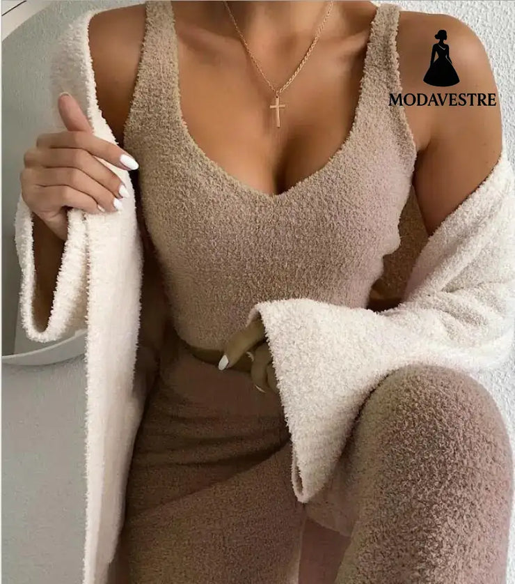 3pcs Womens Clothing Long Sleeve Crop Tank Top And Drawstring Shorts Pajama Set