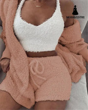 3pcs Womens Clothing Long Sleeve Crop Tank Top And Drawstring Shorts Pajama Set