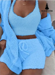 3pcs Womens Clothing Long Sleeve Crop Tank Top And Drawstring Shorts Pajama Set Blue / 3XL