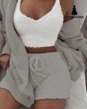 3pcs Womens Clothing Long Sleeve Crop Tank Top And Drawstring Shorts Pajama Set gray / L