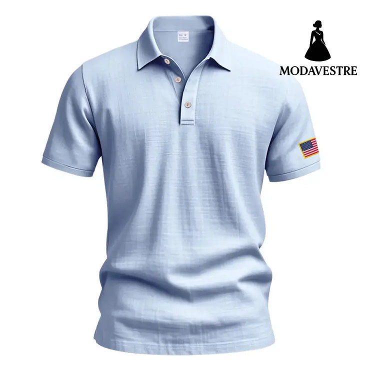 American Summer Linen Short Sleeve Men Clothing Light Blue / L
