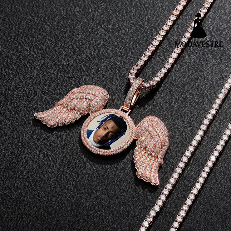 Angel Wings Large DIY Photo Frame Pendant Full Zircon Jewelry Hip Hop Necklace Gold Australia Accessories