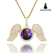 Angel Wings Large DIY Photo Frame Pendant Full Zircon Jewelry Hip Hop Necklace Gold Australia Accessories Golden + 3mm