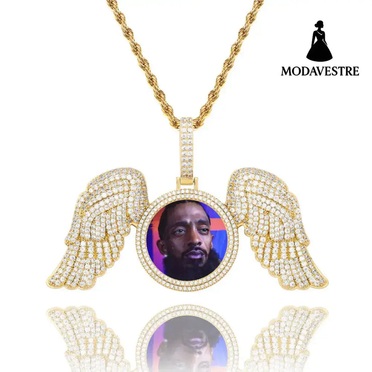 Angel Wings Large DIY Photo Frame Pendant Full Zircon Jewelry Hip Hop Necklace Gold Australia Accessories Golden + 3mm