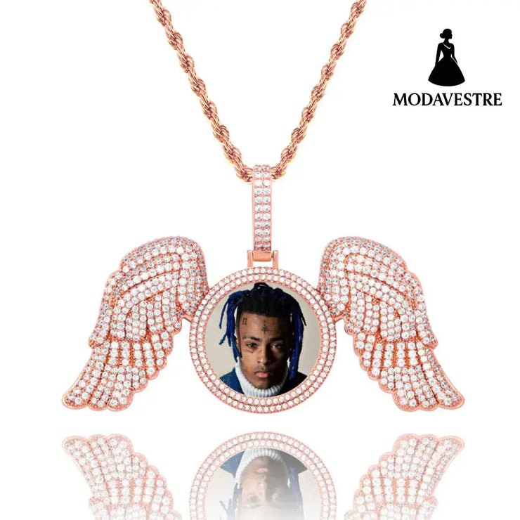 Angel Wings Large DIY Photo Frame Pendant Full Zircon Jewelry Hip Hop Necklace Gold Australia Accessories Rose Gold