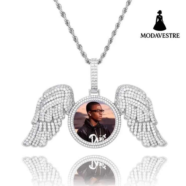 Angel Wings Large DIY Photo Frame Pendant Full Zircon Jewelry Hip Hop Necklace Gold Australia Accessories Silver + 3mm