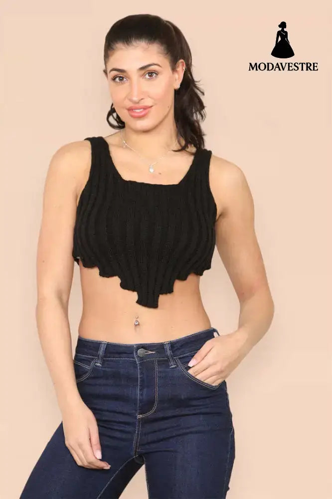 Asymmetric Imogen Hem Knitted Vest Crop Top Black / One Size / One