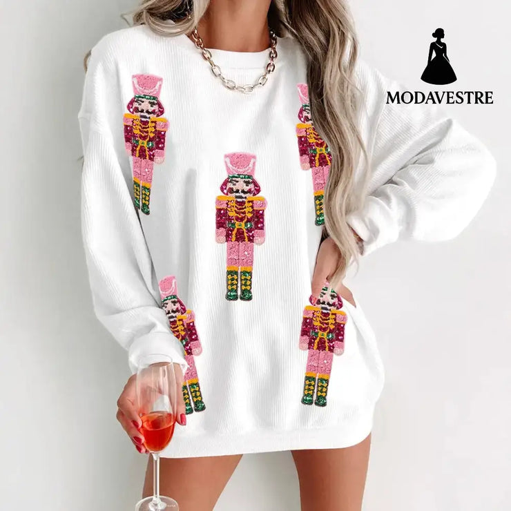 Autumn And Winter Sequin Embroidery Anime Round Neck Long Sleeve Loose Sweatshirt Jumper