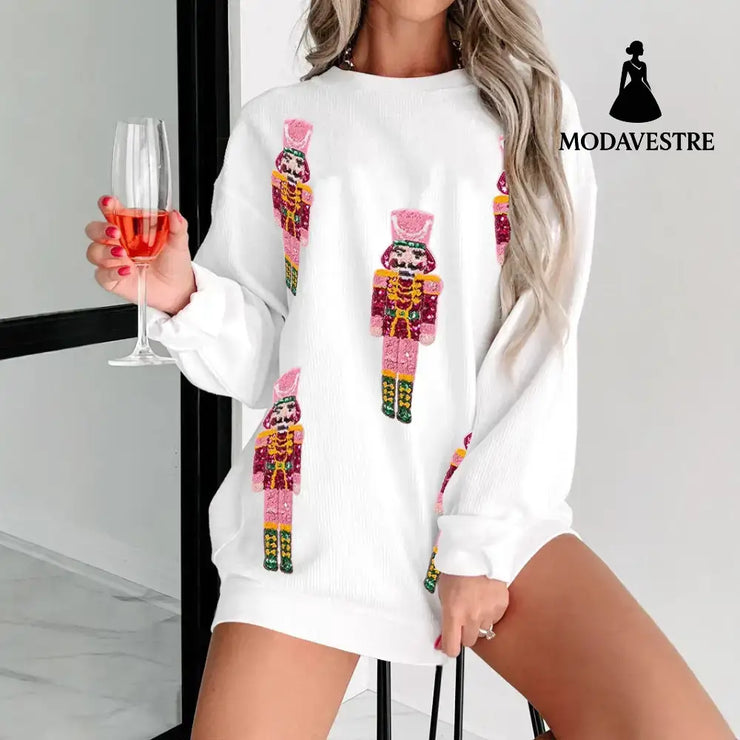 Autumn And Winter Sequin Embroidery Anime Round Neck Long Sleeve Loose Sweatshirt Jumper