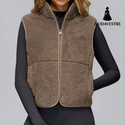 Autumn And Winter Velvet Stand Collar Sports Vest Sleeveless Caramel Mocha / L