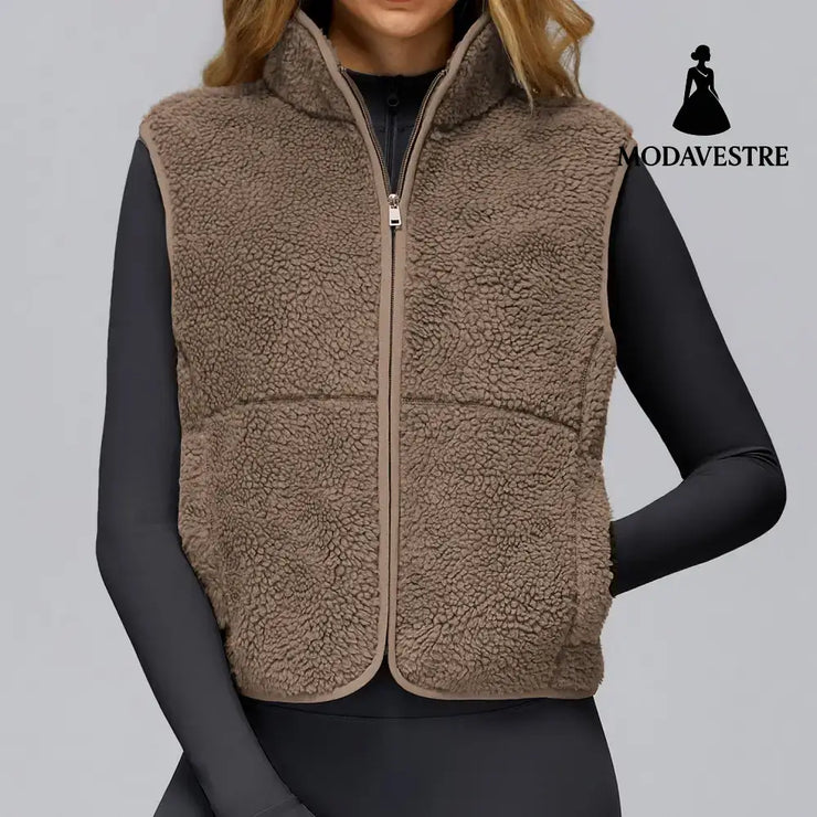 Autumn And Winter Velvet Stand Collar Sports Vest Sleeveless Caramel Mocha / L