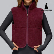 Autumn And Winter Velvet Stand Collar Sports Vest Sleeveless Cherry Red / L