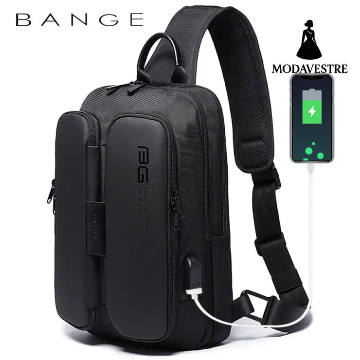 BANGE New Fashion Trend Leisure Outdoor Technology USB Cool Shoulder Bag Chest Bag for Men Black