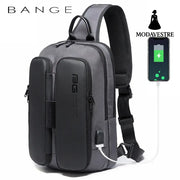 BANGE New Fashion Trend Leisure Outdoor Technology USB Cool Shoulder Bag Chest Bag for Men Grey