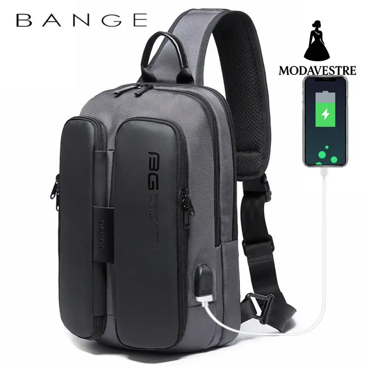 BANGE New Fashion Trend Leisure Outdoor Technology USB Cool Shoulder Bag Chest Bag for Men Grey