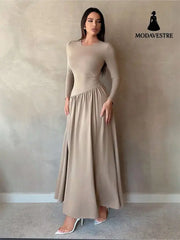 Base Pleated Solid Color Long Dress Apricot / L Women’s Clothing
