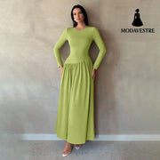Base Pleated Solid Color Long Dress Fluorescent Green / L Women’s Clothing