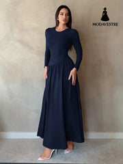 Base Pleated Solid Color Long Dress Navy Blue / L Women’s Clothing