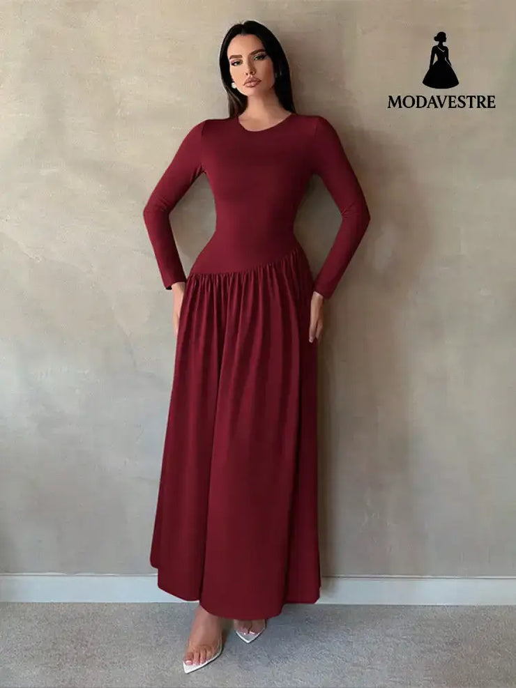 Base Pleated Solid Color Long Dress Red / L Women’s Clothing
