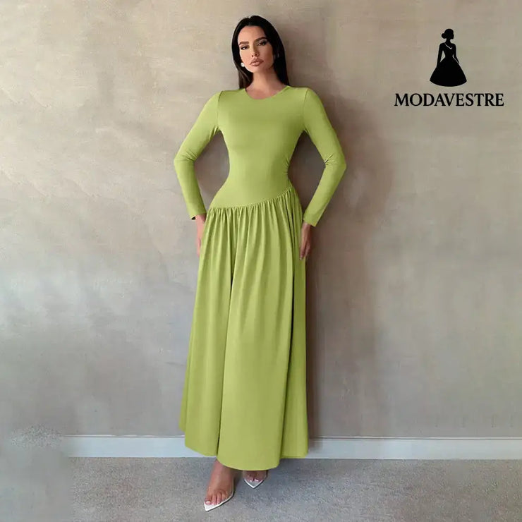 Base Pleated Solid Color Long Dress Women’s Clothing