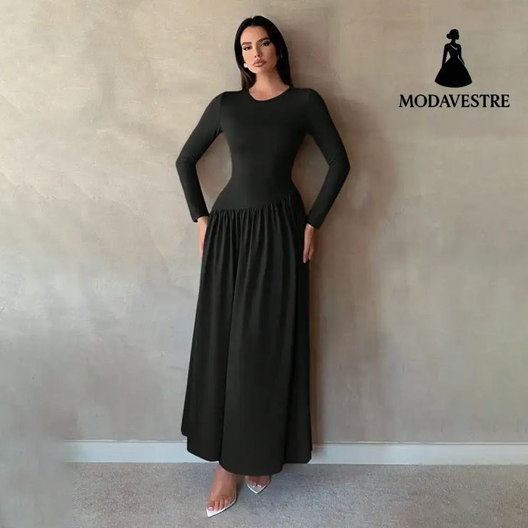 Base Pleated Solid Color Long Dress Women’s Clothing