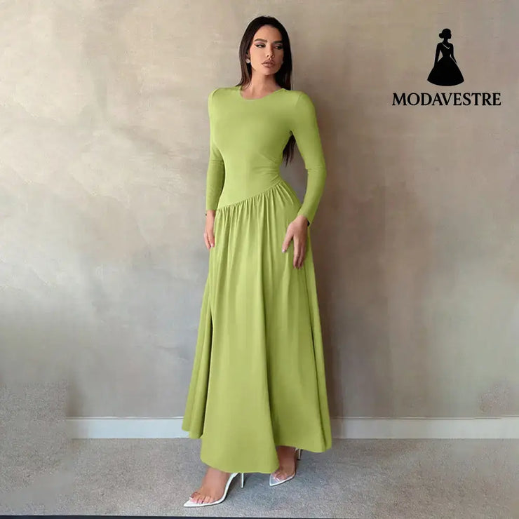 Base Pleated Solid Color Long Dress Women’s Clothing