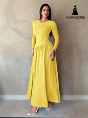 Base Pleated Solid Color Long Dress Yellow / L Women’s Clothing