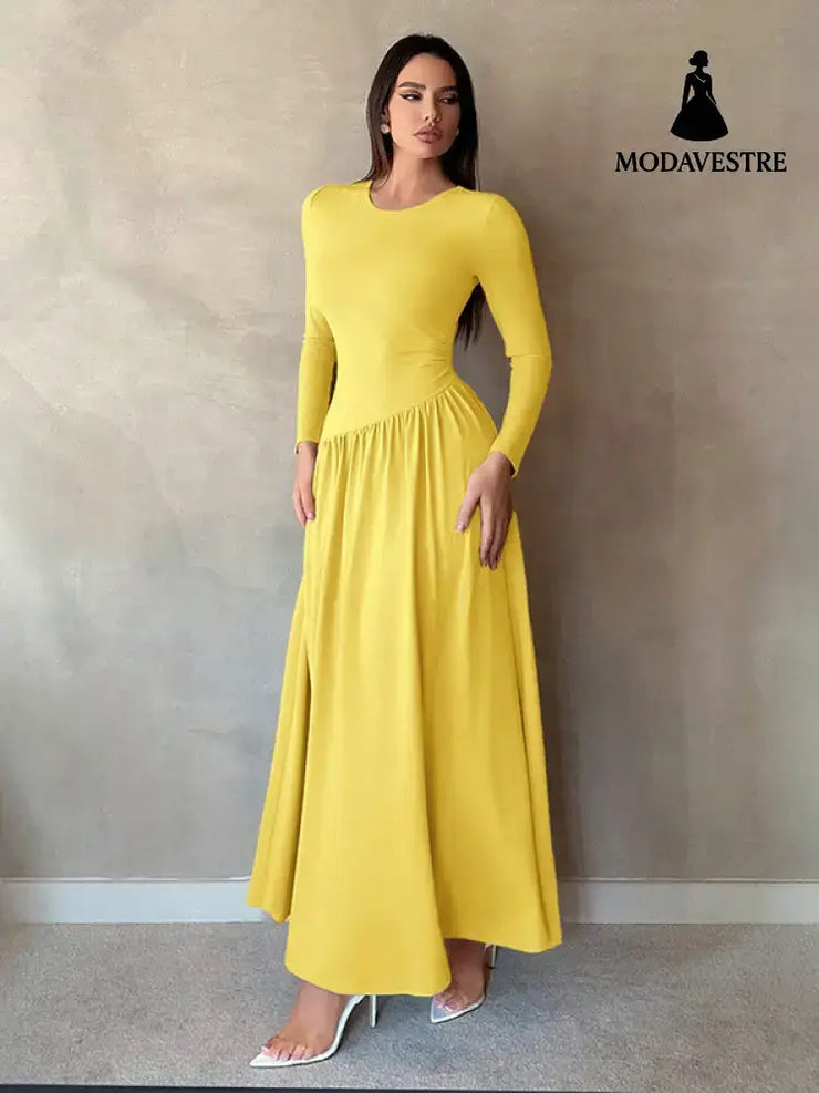 Base Pleated Solid Color Long Dress Yellow / L Women’s Clothing
