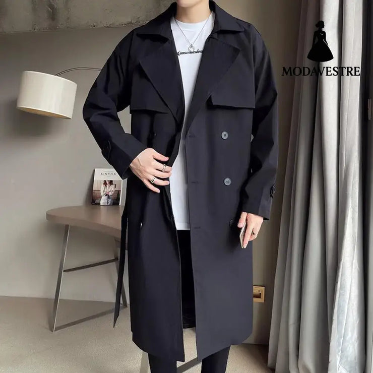 Beige Double Breasted Trench Coat For Men Black / 2XL