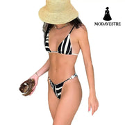 Black and White Striped Bikini Set – Modern Two-Piece Women’s Swimwear