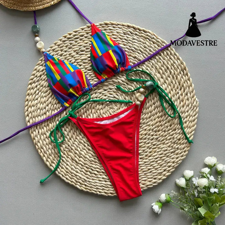 Black and White Striped Bikini Set – Modern Two-Piece Women’s Swimwear C4017 Red Splicing / S